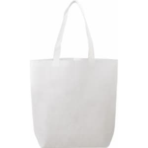 A white non-woven tote bag with two handles and a logo on the front.