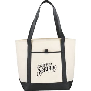 A large cream tote bag with black handles and a logo on the front. Suitable for carrying various items.