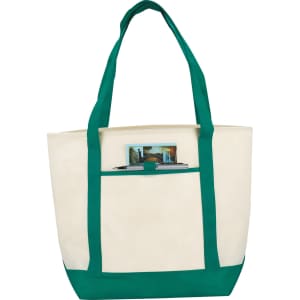 A cream tote bag with green handles featuring an interior pocket and a logo on the front.