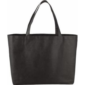 A large black non-woven tote bag with two sturdy handles and a spacious design. Features a branding logo.