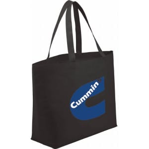 A black non-woven shopper tote bag with long handles and a large logo on the front.