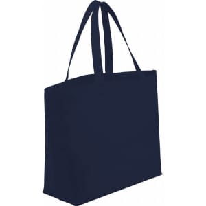 A navy blue non-woven shopper tote bag with two straps and a logo on the front.
