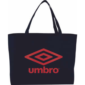 A navy tote bag with red branding and sturdy handles, featuring a logo. Suitable for shopping or carrying items.