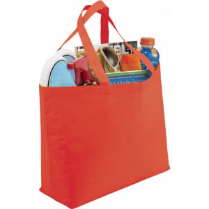 An orange tote bag filled with various items including a drink, a towel, and a magazine, featuring a branding logo.