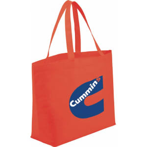An orange non-woven tote bag with two handles and a logo on one side.
