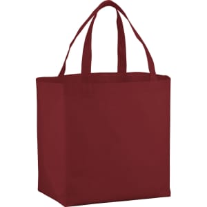 A maroon non-woven shopper tote bag with two handles and a square shape, featuring a logo.