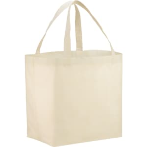 A beige non-woven tote bag with two handles and a rectangular shape. It features a simple design and includes a logo.