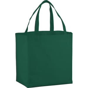 A green non-woven shopper tote with two sturdy handles and a simple design. It features a branding logo.