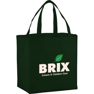 A green non-woven shopper tote bag with two handles and a logo on the front.