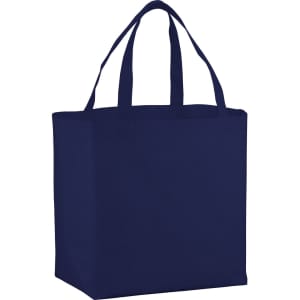 A navy blue non-woven shopper tote bag with two sturdy handles and a square shape.