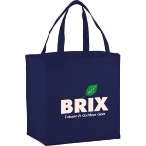 A navy blue non-woven shopper tote bag with two handles and a logo. Suitable for carrying various items.