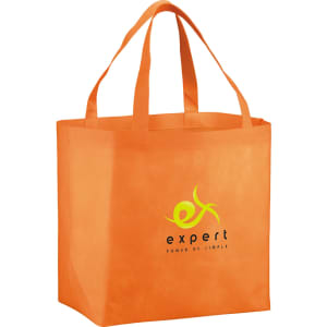 An orange non-woven tote bag with sturdy handles and a logo on the front.