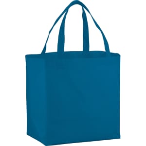 A teal tote bag with two handles and a spacious design, featuring a logo on one side.