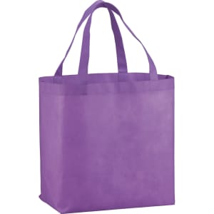 A purple non-woven tote bag with two handles and a spacious design. The bag includes a logo.