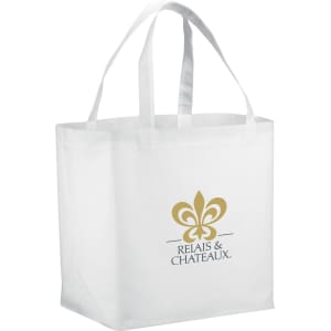 A white non-woven tote bag with two handles and a logo on one side. Features a spacious design for carrying items.