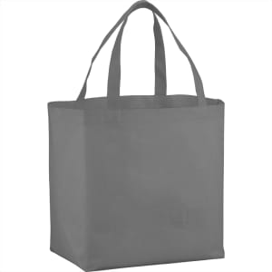 A grey non-woven tote bag with two sturdy handles, designed for shopping and carrying items.