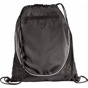 A black drawstring sportspack featuring a zippered pocket and mesh side panels, with a logo on the front.