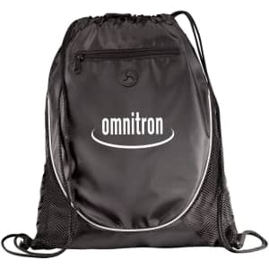 A black drawstring sportspack with a zippered pocket and mesh sides, featuring a logo on the front.
