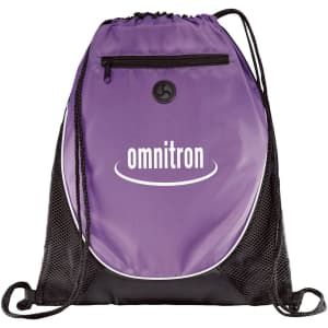 A purple drawstring sportspack with a black base and mesh sides, featuring a logo on the front.