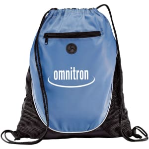 A blue and black drawstring sportspack with a logo and mesh side pockets.
