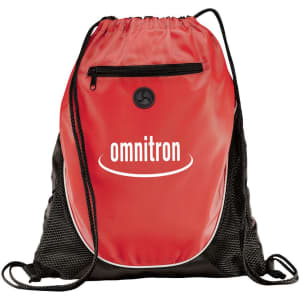 A red and black drawstring sportspack with a zippered front pocket and a logo.