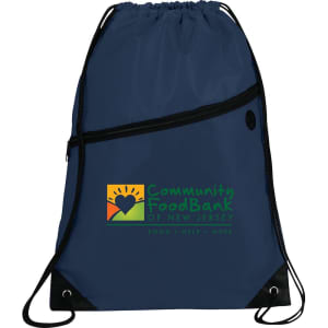 A navy drawstring sportspack featuring a front zip pocket and a logo. Fabric has a smooth finish.