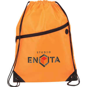 An orange drawstring sportspack with a front zip pocket and black accents, featuring a logo.