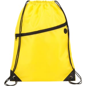 A bright yellow drawstring sportspack with a zippered pocket and black accents. Features a logo.