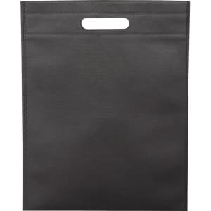 A black non-woven tote bag with a cut-out handle and no visible logos or branding.