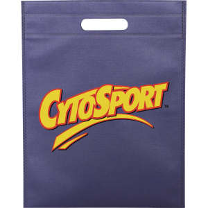 A dark blue non-woven tote bag with a top handle and a logo printed on the front.