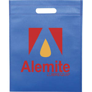 A blue non-woven tote bag with a large logo and a handle at the top.