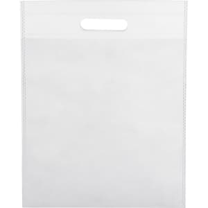 A white non-woven tote bag with a cut-out handle and no visible design or branding.