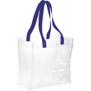 A clear tote bag with navy blue handles, featuring a simple design suitable for various uses.