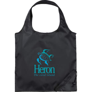 A black foldaway tote bag featuring a turtle graphic and a logo. Lightweight and compact design for easy carrying.