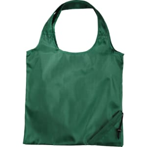A green foldable tote bag with a simple design and a small attached pouch for storage. It features a logo.