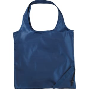A navy foldaway shopper tote bag with a simple design and drawstring closure. It features a branding logo.