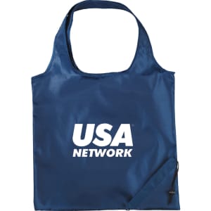 A navy tote bag with a single shoulder strap and a branding logo. The bag is foldable for easy storage.