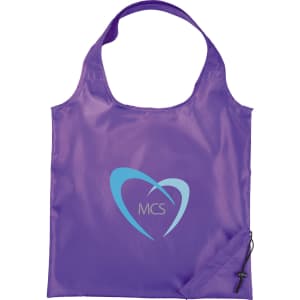A purple foldaway shopper tote bag featuring a logo on the front. The bag is lightweight and can be compactly stored.