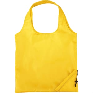 A yellow foldaway shopper tote bag with a compact pouch for storage and a branding logo.