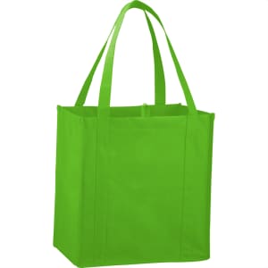 A bright green non-woven grocery tote bag with two handles and a square shape. It features a logo.