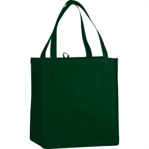 A dark green non-woven grocery tote bag with two sturdy handles and a spacious 21L capacity.