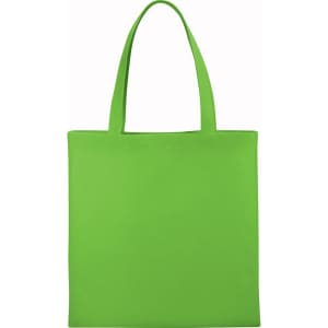 A bright green non-woven tote bag with two handles and a blank surface featuring a logo.