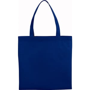 A blue non-woven tote bag with two long handles and a simple design. It features a logo on one side.