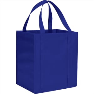 A blue non-woven grocery tote with dual handles and a square shape, featuring a logo on the side.