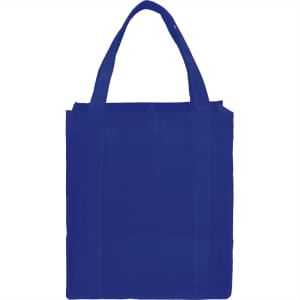 A blue reusable grocery tote bag with sturdy handles and an interior compartment. It features a logo.