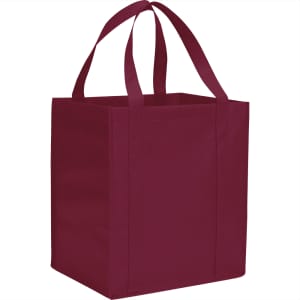 A burgundy reusable grocery tote bag with two handles and a square shape. It has a logo on one side.