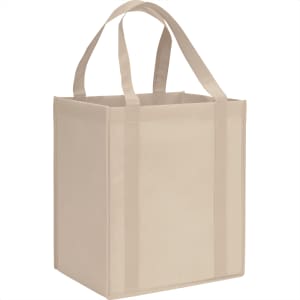 A beige reusable grocery tote with sturdy handles and a square shape, featuring a logo on the side.