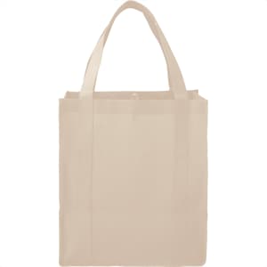 A beige reusable grocery tote bag with two sturdy handles and a simple design. It features a logo.