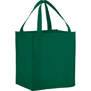 A green non-woven grocery tote bag with sturdy handles and a square base, featuring a logo.