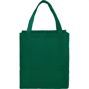 A green non-woven grocery tote bag with sturdy handles and an interior spacious enough for shopping.